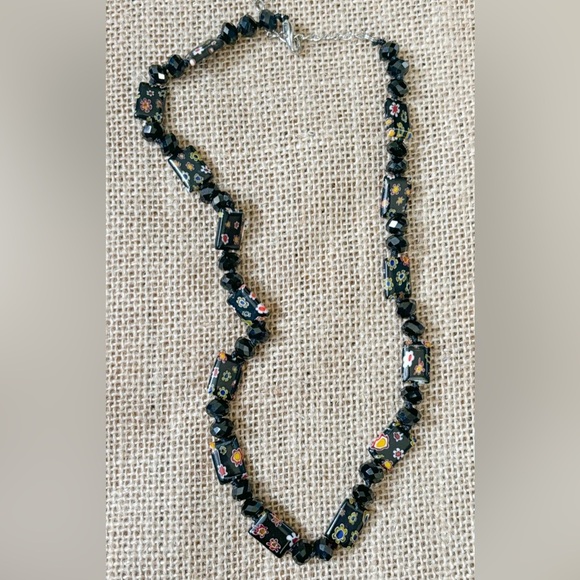 Black Glass Bead Floral Necklace Earrings Set Millefiori Whimsigoth Dark Romance - Picture 5 of 6